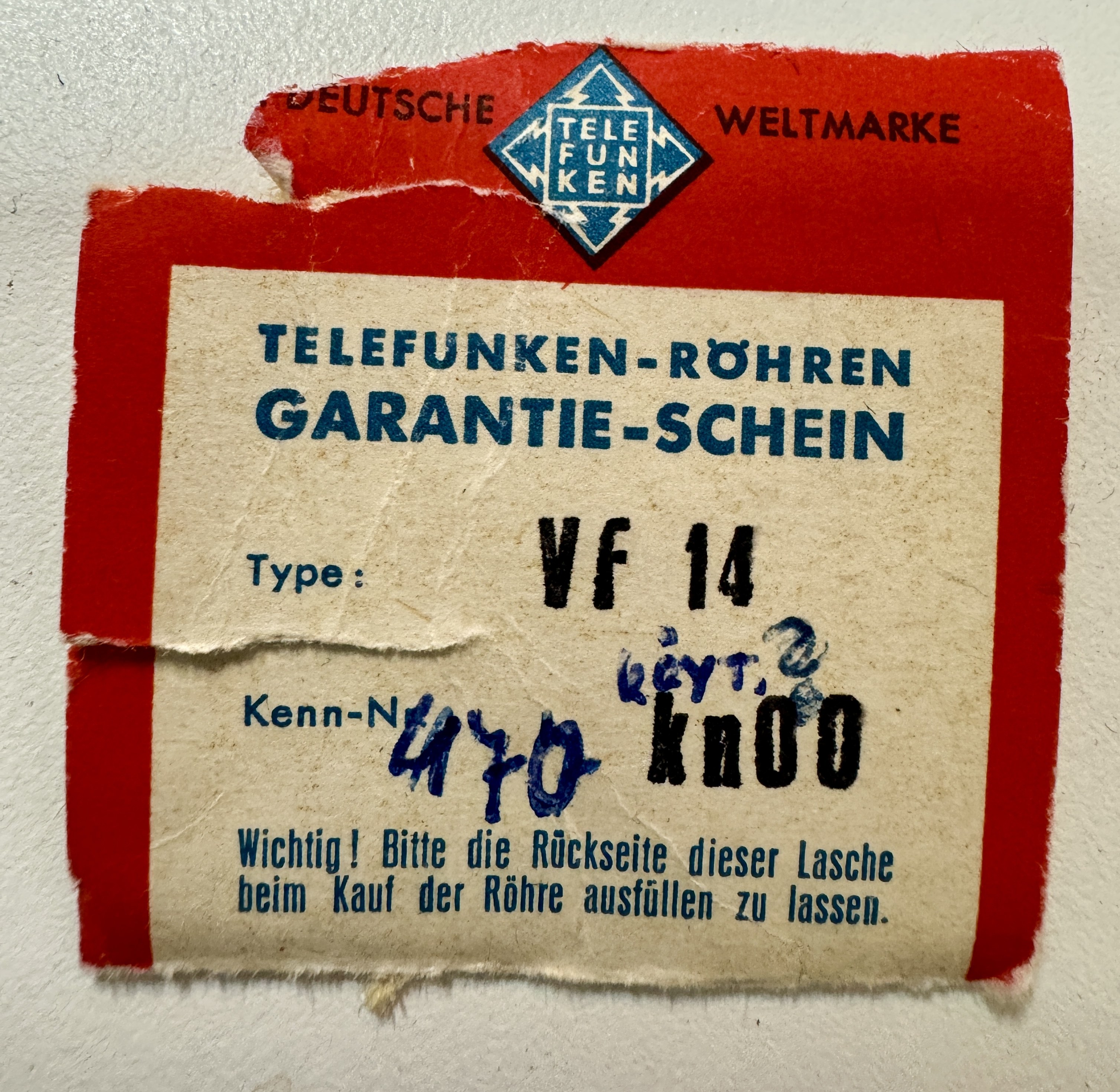 Telefunken VF14 Tube #470 from September 1957 in Original Box